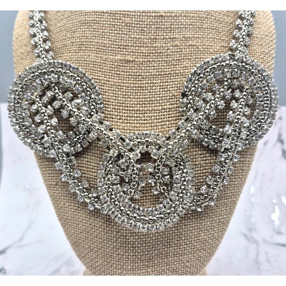 Silver Tone Crystal Statement Necklace Large Links Runway 20" Prom Clubwear - Picture 6 of 8